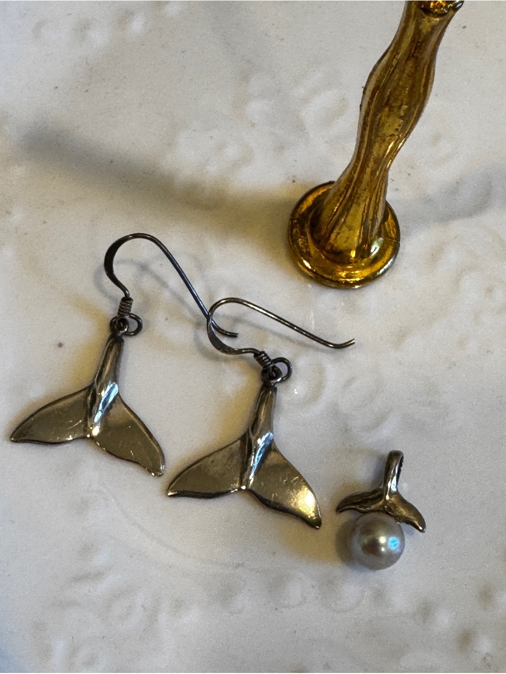 Sterling Silver Whale Tail Drop Earrings and Pendant Tahitian Pearl Set